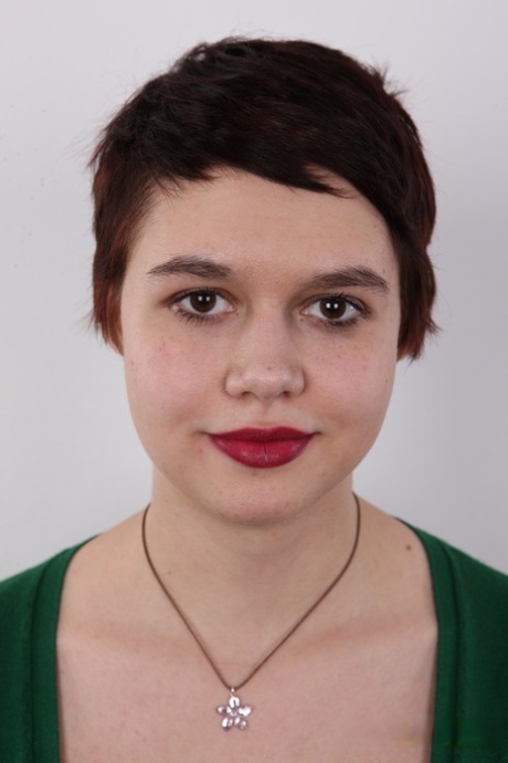 Chubby girl with short hair and red lips gets naked for the first time
