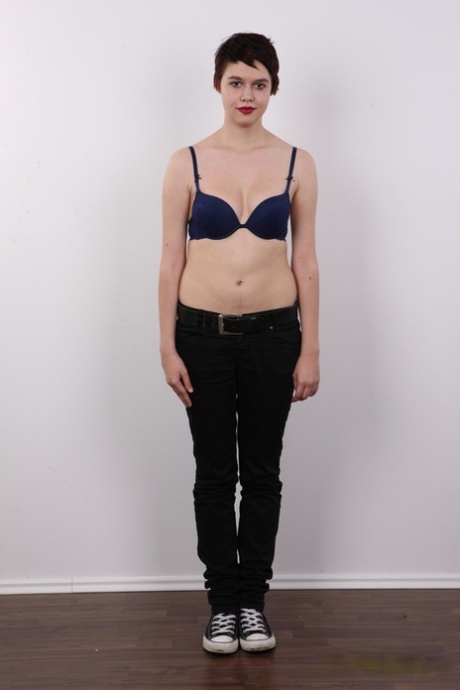 Chubby girl with short hair and red lips gets naked for the first time