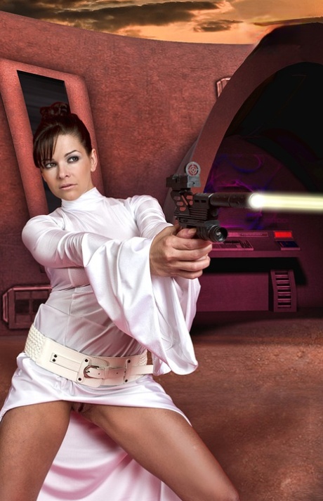 Sexy brunette wields a pistol while removing Space Princess attire