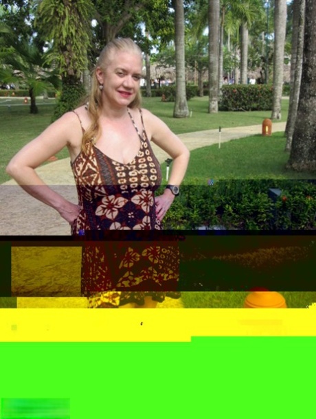 Mature older Lily May flaunts big saggy tits in casual, evening and beach wear
