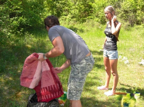 Skinny teen and her boyfriend find a secluded spot in the woods to fuck