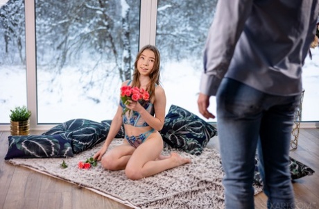 Sweet teen Mirka is gifted a bunch of flowers before sex with a boy