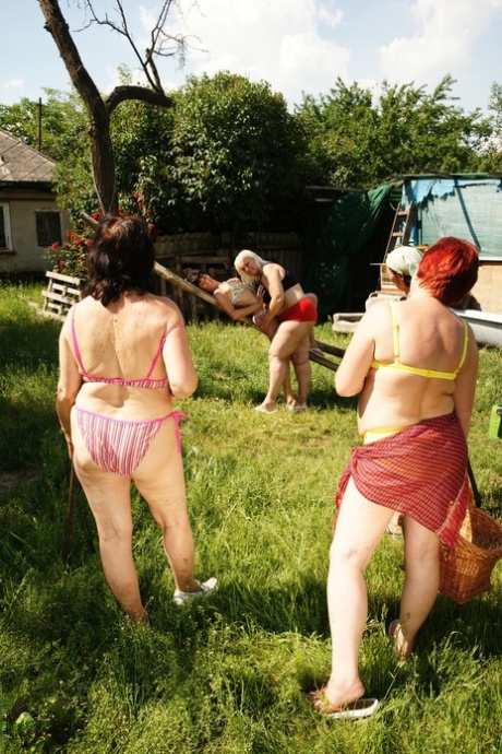 Kinky mature amateurs strip and enjoy a nasty orgy in the back yard