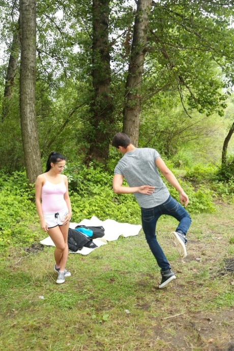 Busty stunner Nicole Love gives a handjob to a cute stranger & has outdoor sex