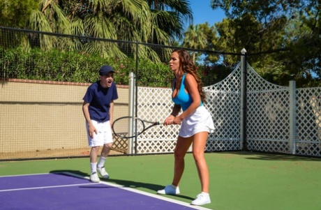 Sporty Nicki & Diamond enjoy hot interracial tennis court fuck with a ball boy