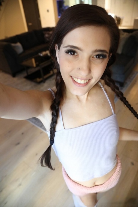 Cute teen doll Brooke Haze poses solo and teases with her hairy cunt