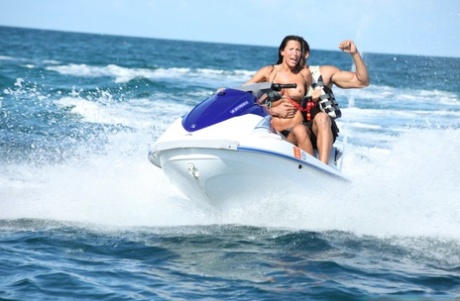 Brunette chick Lezley Zen spits out jizz after day on the water and fucking