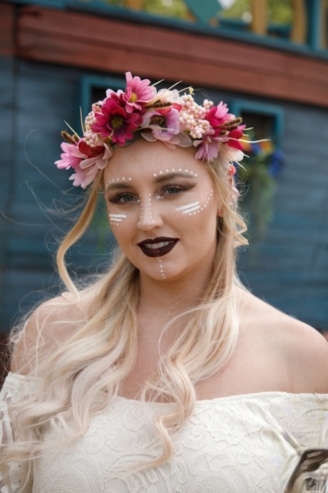 Stunning chubby blonde Harley Woodburn exposes her big tits in public