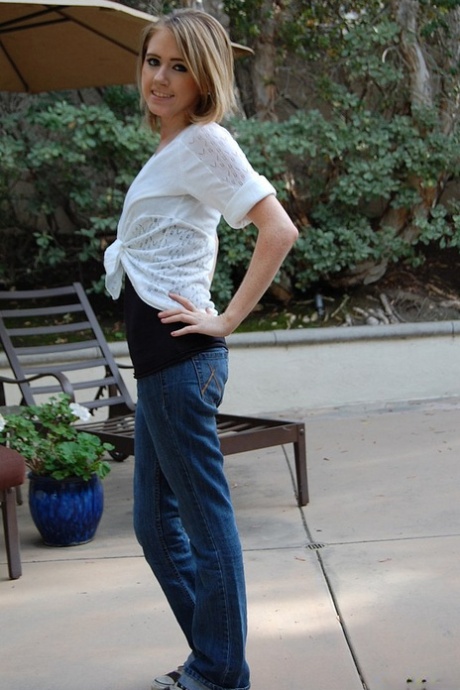 Adorable teen Candace poses in jeans outdoors and poses naked in her bedroom