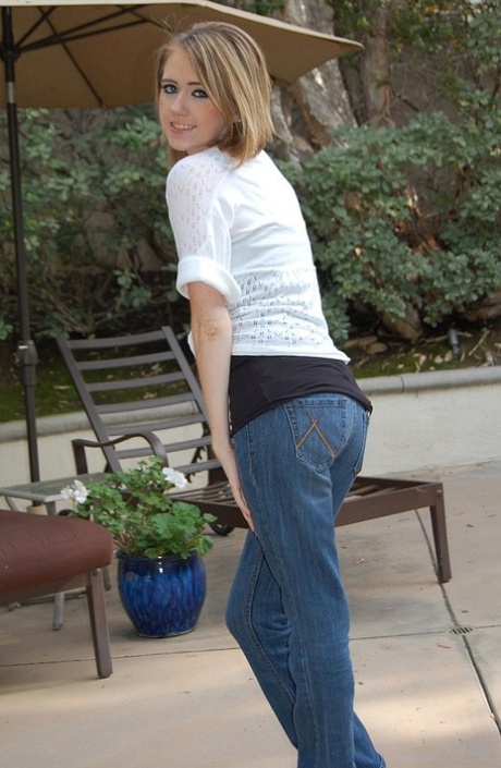 Adorable teen Candace poses in jeans outdoors and poses naked in her bedroom