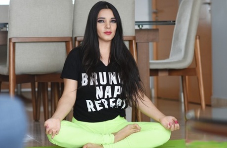 Brunette babe bares her big tits while having sex with a hunky yoga coach